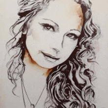 a black and white drawing of a woman with long curly hair