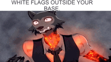 a cartoon of a wolf in a suit and tie with white flags outside his base .