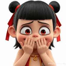 a cartoon girl is covering her mouth with her hands and smiling .