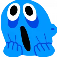 a blue cartoon character with big eyes and a surprised look on its face