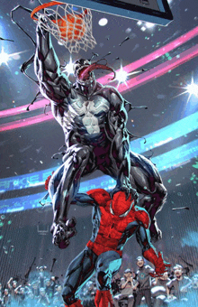 venom and spider-man are playing basketball in a stadium