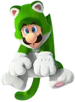 mario is wearing a green cat costume with white paws