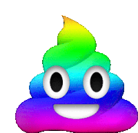 a rainbow colored poop with a smiling face on a white background