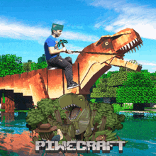 a man is riding on the back of a t-rex in a minecraft scene