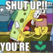 a cartoon of spongebob with his mouth open and the words `` shut up ! you 're '' .