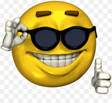 a yellow smiley face wearing sunglasses is giving a thumbs up