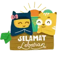 a sign that says selamat lebaran with a cat and a girl