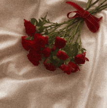 a bouquet of red roses with a red bow