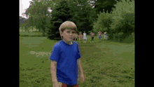 a young boy in a blue shirt is standing in a grassy field with a group of children in the background .