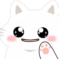 a cartoon drawing of a white cat with big eyes and a pink paw