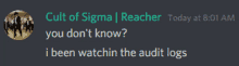 a screenshot of cult of sigma reacher today at 8:01 am