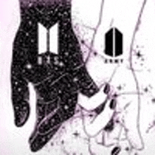 a black and white drawing of two hands holding each other with a galaxy background .