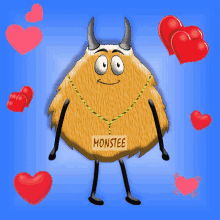 a cartoon monster with the name monstee on his chest