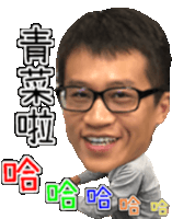 a man wearing glasses is smiling with chinese writing around his face