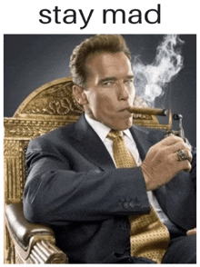 a man in a suit and tie is smoking a cigar with the words stay mad below him