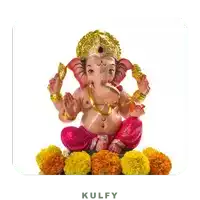 a statue of ganesha is surrounded by yellow and orange marigolds and the word kulfy is below it