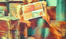 a painting of a woman sitting in a chair holding a piece of paper that says " the healthy effect "