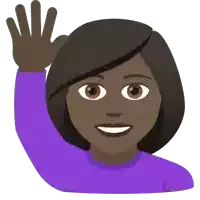 a woman in a purple shirt is raising her hand in the air