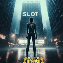 a woman with a spider on her back is standing in front of a building that says slot