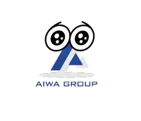 a logo for aiwa group with a blue triangle and a pair of googly eyes