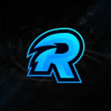 a blue letter r on a black background