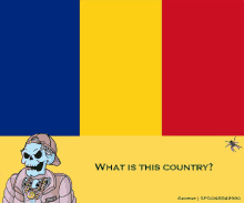 a cartoon of a skeleton in front of a flag with the words what is this country below it