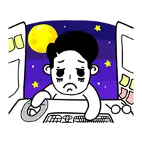 a black and white cartoon of a man using a computer mouse at night .