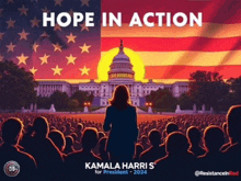 a poster for kamala harris shows a woman standing in front of the capitol building