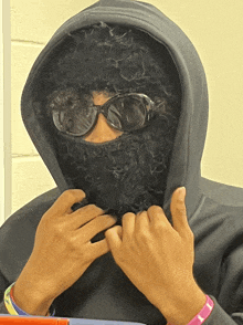 a person wearing sunglasses and a hooded sweatshirt