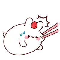 a cartoon drawing of a rabbit with chopsticks and a cherry on its head