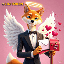 a fox in a tuxedo is holding a mailbox that says " love ltd "