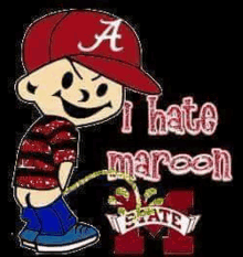 a cartoon boy wearing a red hat is peeing on a maroon shirt .