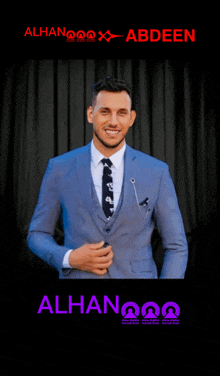 a man in a suit and tie stands in front of a black curtain with the name abdeen on the bottom