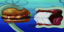 a cartoon drawing of a hamburger being eaten by squidward