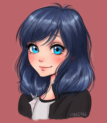 a drawing of a girl with blue hair and mari946 written on the bottom