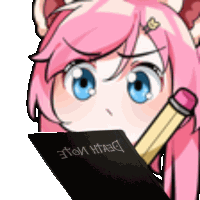 a girl with pink hair is holding a pencil in front of a book that says death note