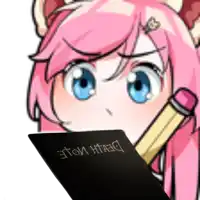 a girl with pink hair is holding a pencil in front of a book that says death note