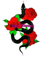 a drawing of a black snake with red roses and the word devil thorne