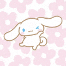 cinnamoroll is a white bunny with blue eyes on a pink and white background .