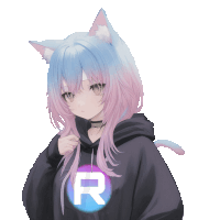 a girl with cat ears is wearing a black hoodie with the letter r on the front