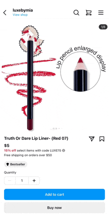 a screenshot of a luxebymia app showing a lip liner