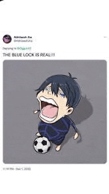 a cartoon of a boy playing with a soccer ball with his mouth open .