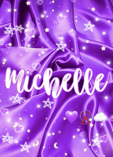 a purple satin fabric with the name michelle on it