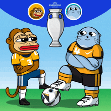 a cartoon of a monkey and a cat playing soccer with the words euro2024 on the bottom