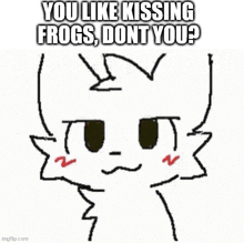 a drawing of a cat with the words `` you like kissing frogs , dont you ? '' written on it .