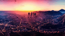 an aerial view of a city with a sunset in the background .