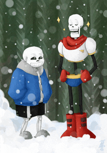 two skeletons are standing in the snow and one has a scarf around its neck