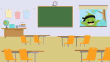 an empty classroom with a green monster on the wall and a clock above the blackboard