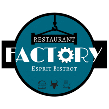 a blue and black logo for a restaurant called factory esprit bistrot