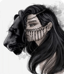 a drawing of a woman wearing a mask with a black panther in the background